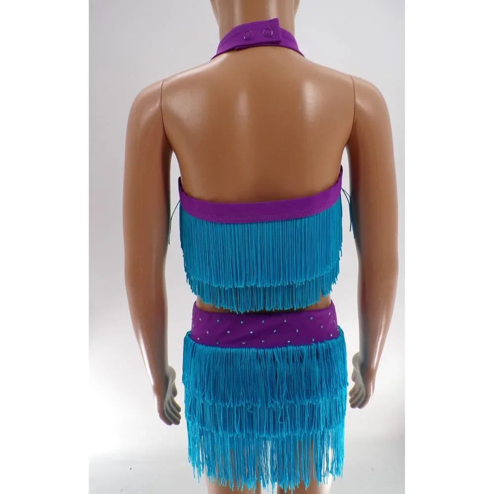 Pre-Owned Dance Costume Weissman  Intermediate Child Turquoise Fringe Jazz Tap